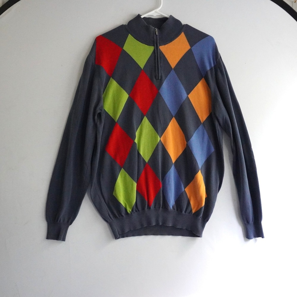 Ferrante Made Italy Argyle Quarter Zip Pullover L Sweater‎ Preppy Golf Colorful